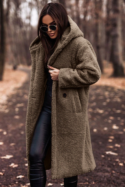 Beige faux fur frakke til kvinder med hætte