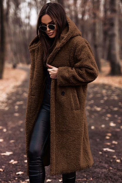Beige faux fur frakke til kvinder med hætte