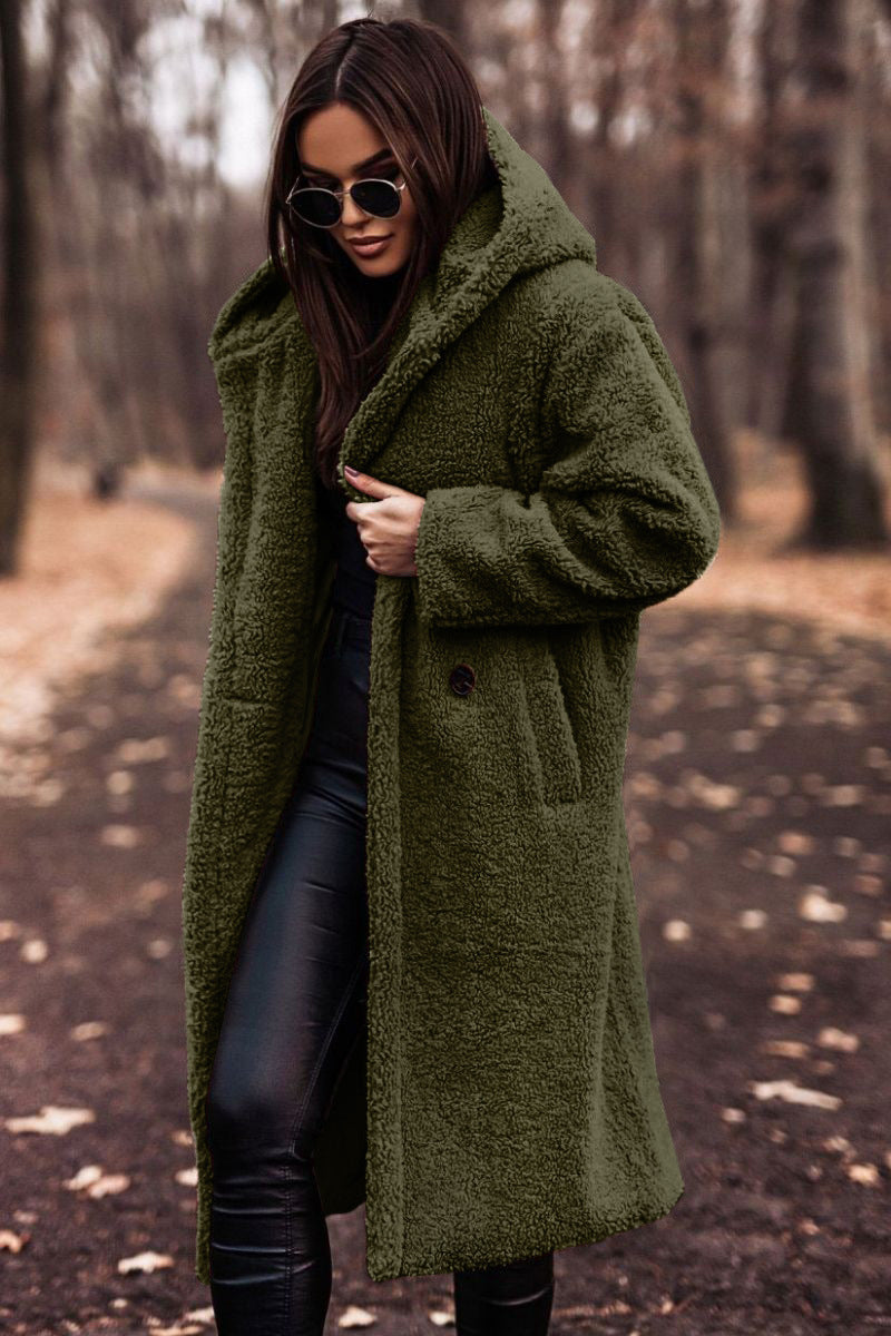 Beige faux fur frakke til kvinder med hætte